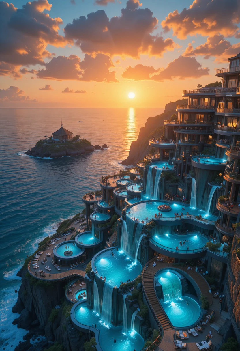 Futuristisches Klippenresort mit terrassierten Pools bei Sonnenuntergang