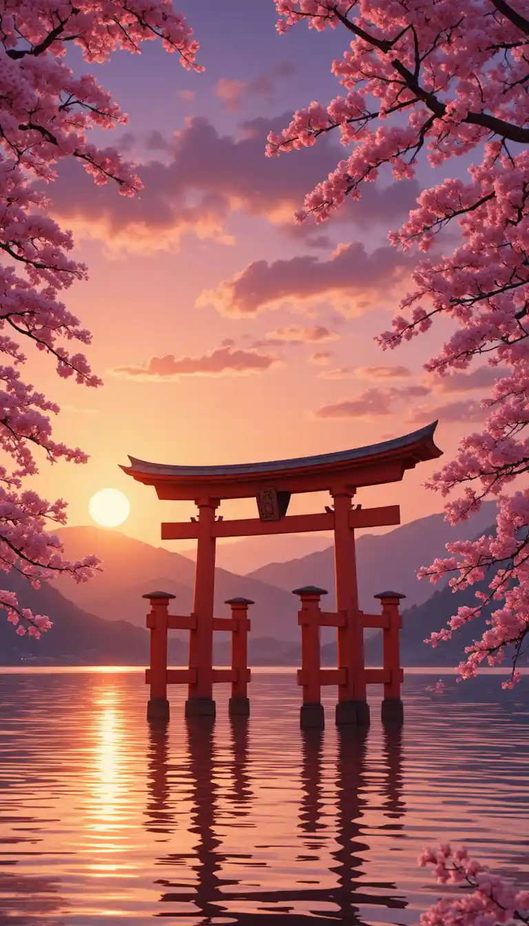 Torii-Tor im Sonnenuntergang über ruhigem Wasser mit Kirschblüten