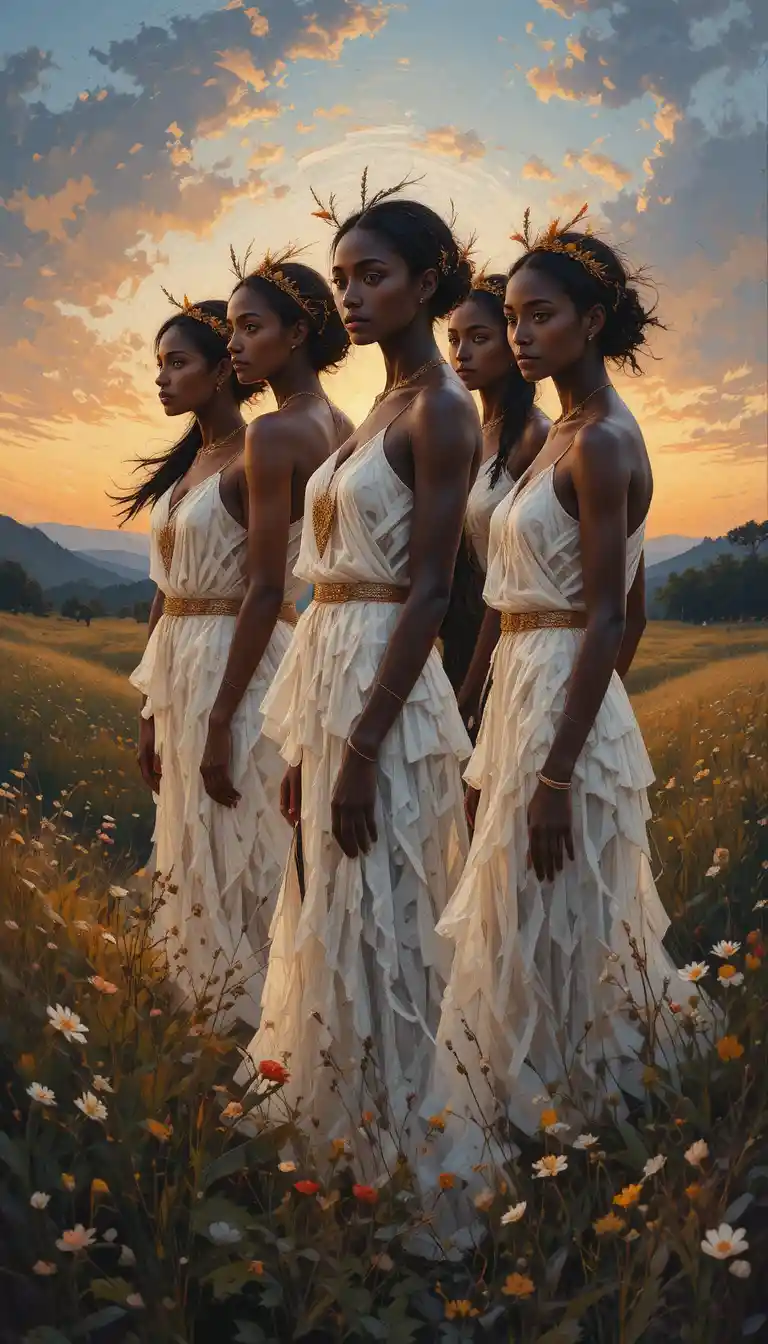Stylish tribal women in white dresses on a twilight meadow