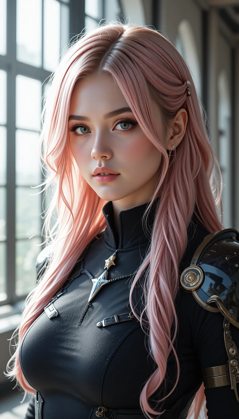 Pink haired sci fi woman with armor by a bright window