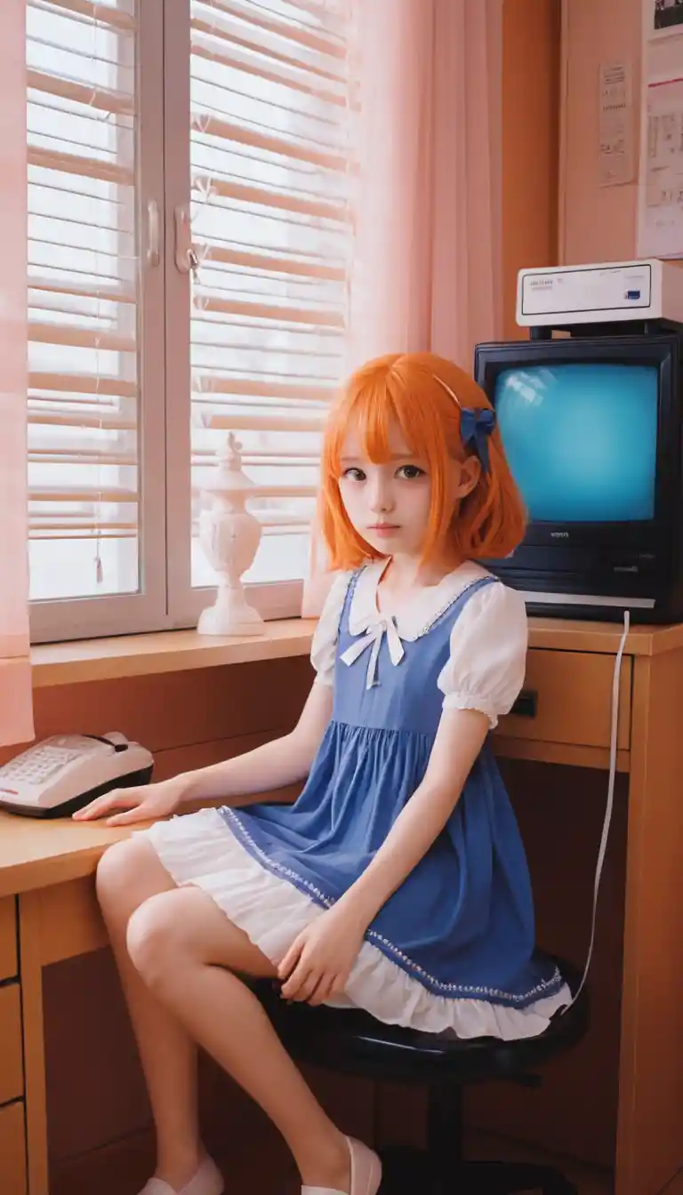 Shy anime girl sitting on a scanner by a vintage computer