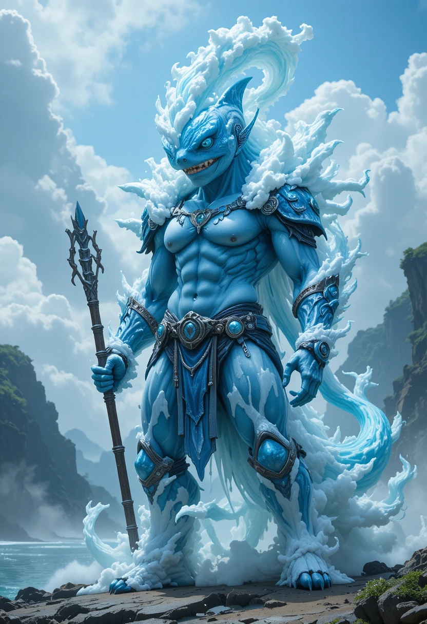 Anime shark warrior with crystal armor on a tropical island