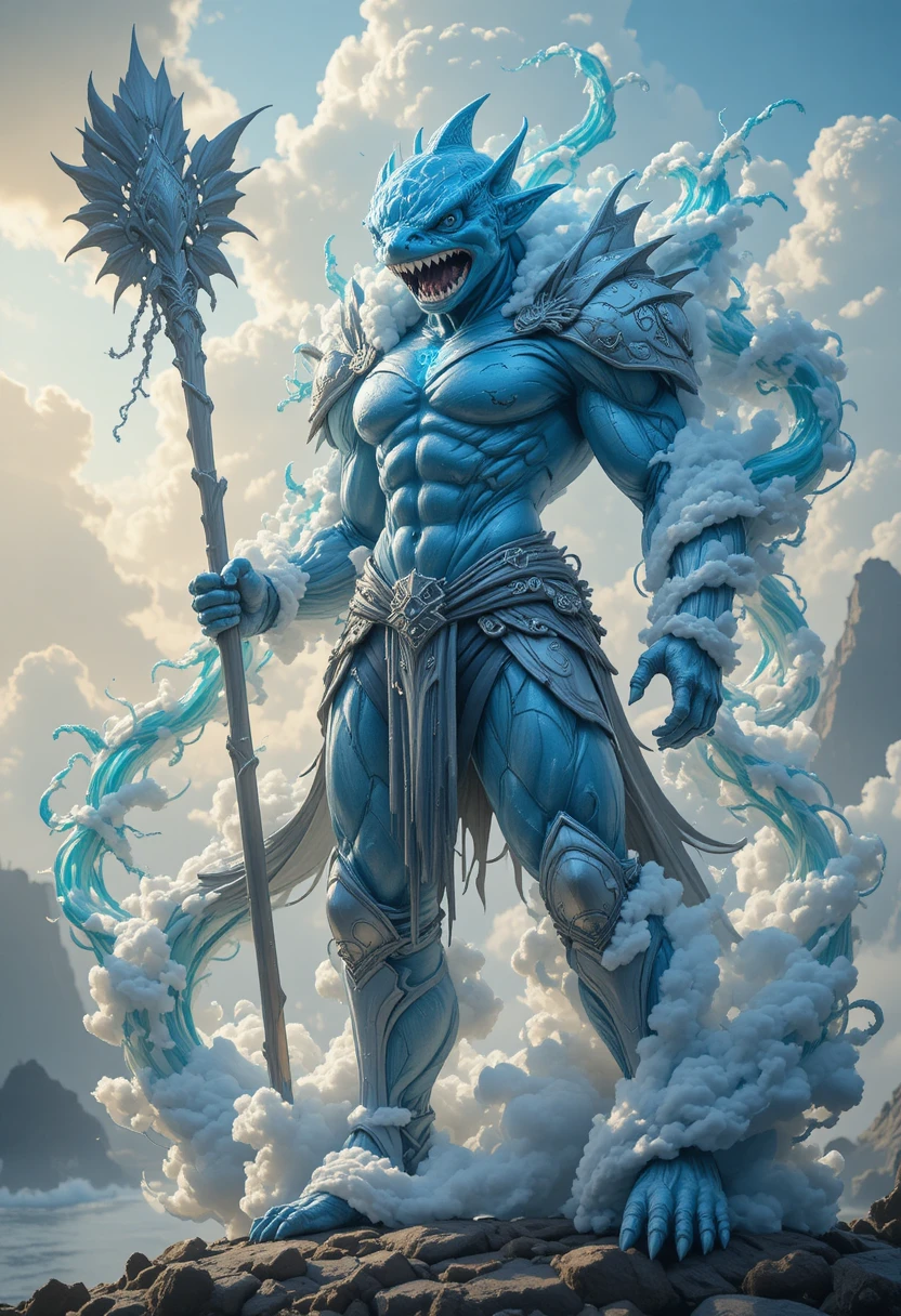 Anime shark headed fishman warrior in full body battle stance