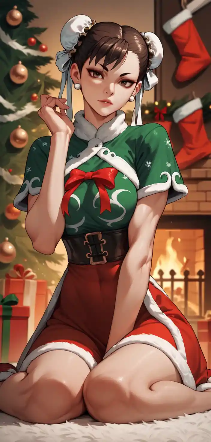 穿著節慶服裝的女子坐在發光的聖誕樹旁