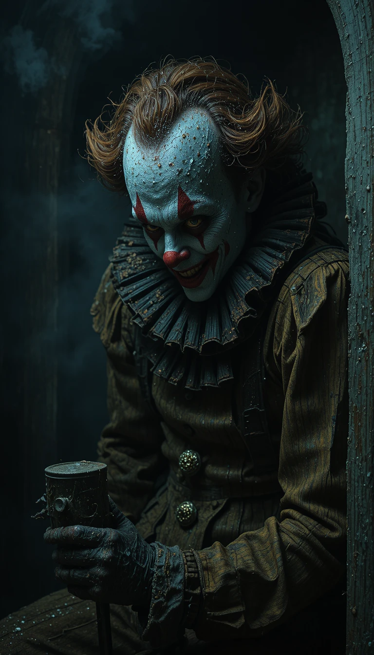 Payaso grotesco que emerge en una habitación oscura y sucia