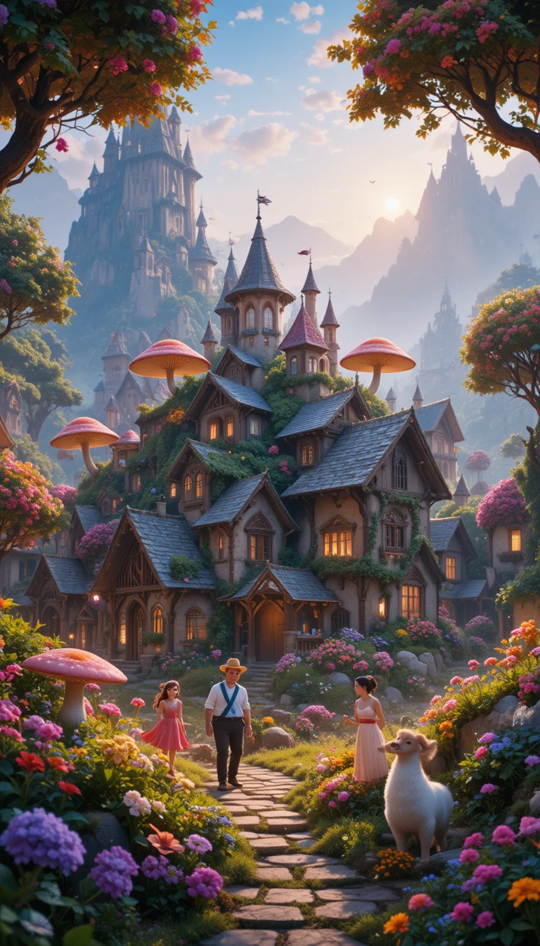 Joyful fantasy peasants in a vibrant Pixar style village