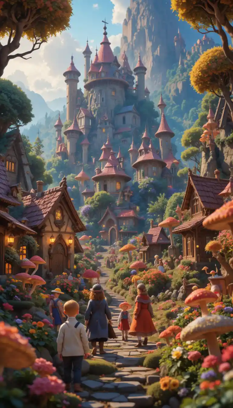Fröhliche Fantasie-Bauern in einem lebendigen Dorf im Pixar-Stil