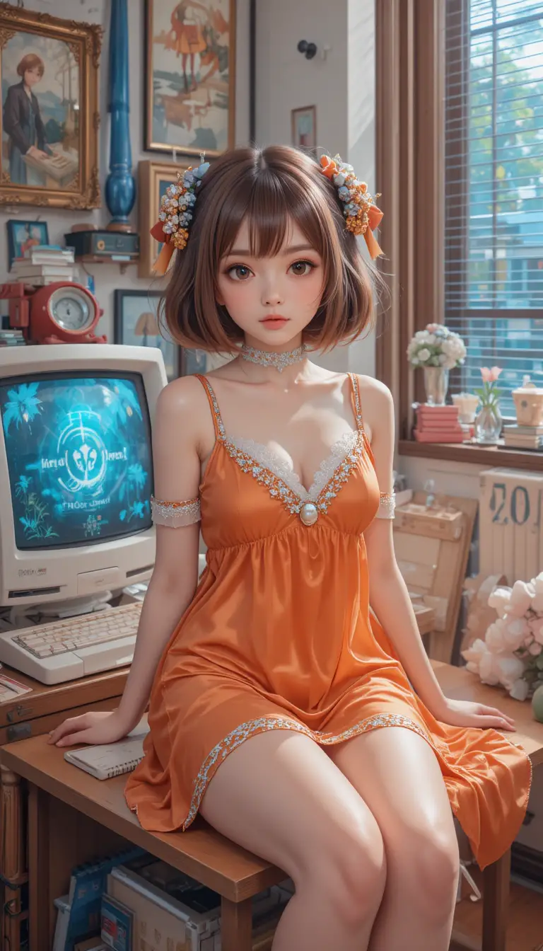 Shy anime girl on a scanner beside a vintage computer