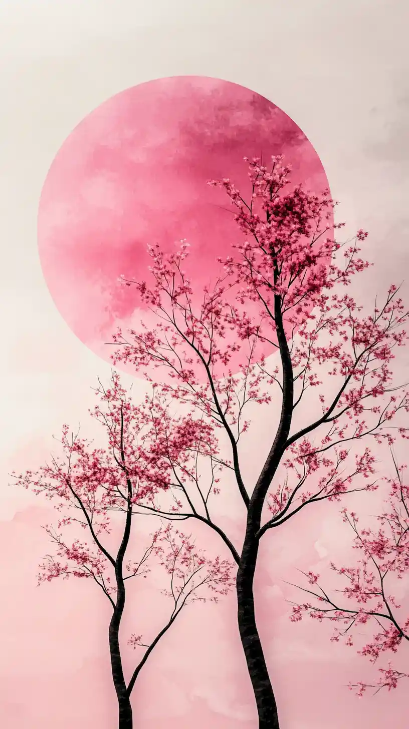 Minimal trees against pink sky with magenta sun