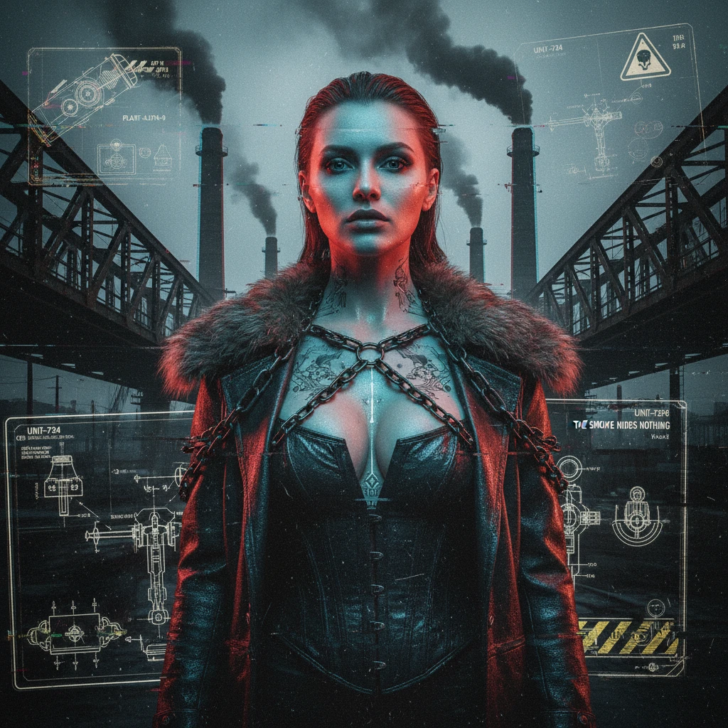 Ritratto glitch noir di una femme fatale industrial illuminata al neon
