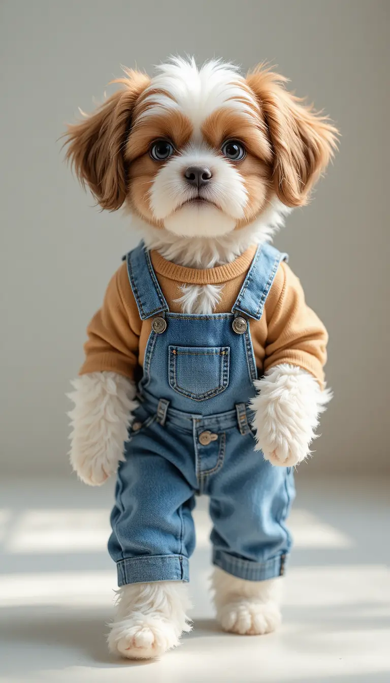 Cute shih tzu puppy in jeans standing in soft light