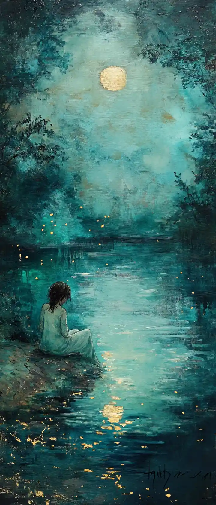 Pensive girl by a glowing river in mystical oil painting