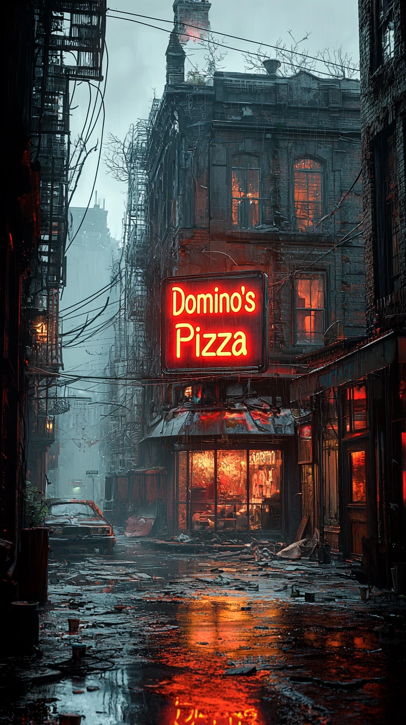 Post apocalyptic city street with glowing pizza neon sign