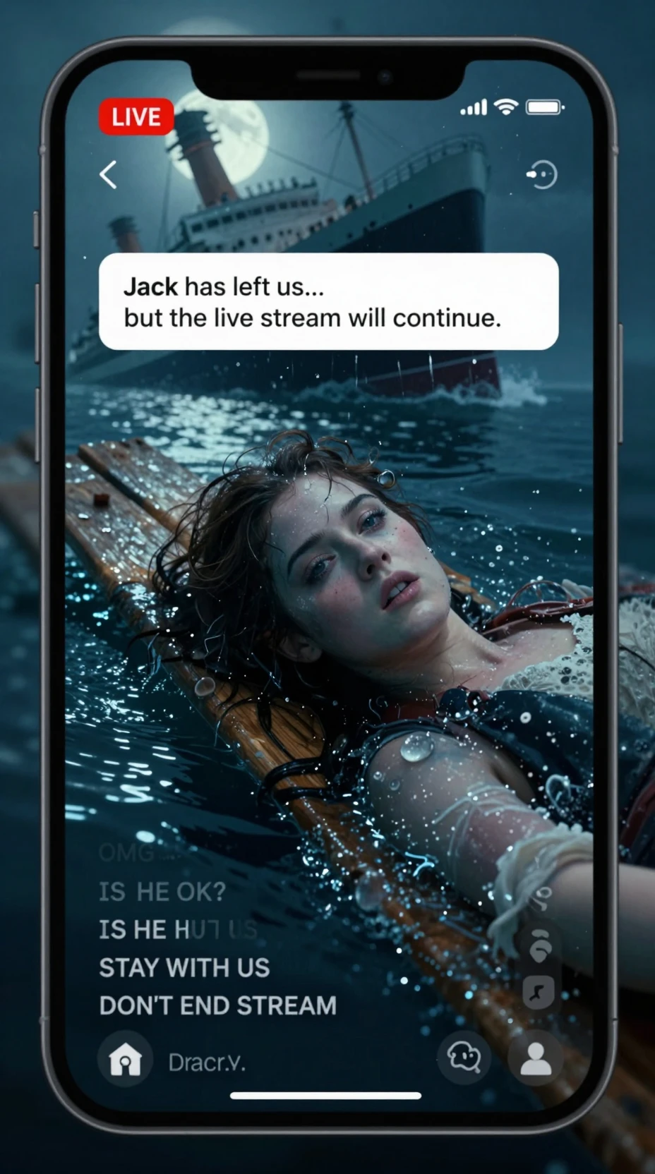 Freezing woman livestreaming from a sinking ocean night