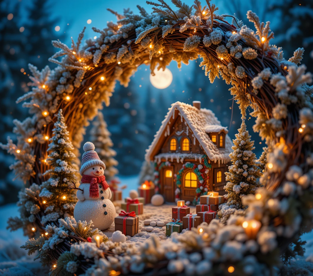 Goldener Feiertagskranz, der ein winziges Winterdorf einrahmt