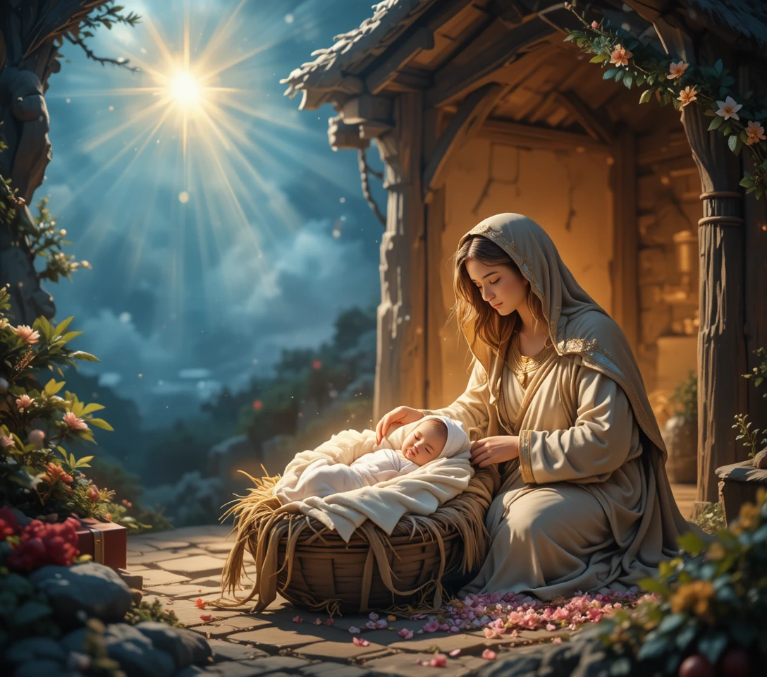 Sacra scena della Natività con il neonato Gesù e i genitori