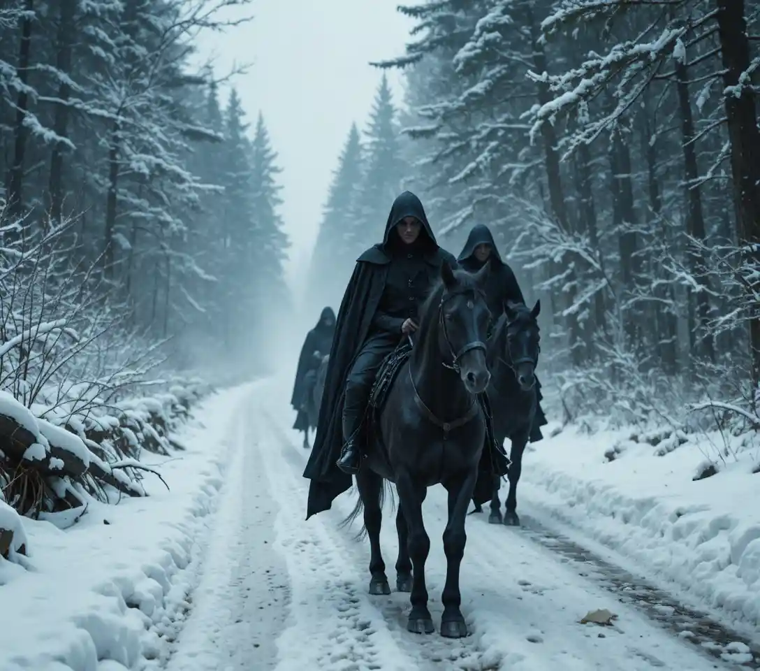 Three dark warlocks riding black horses in snowy forest