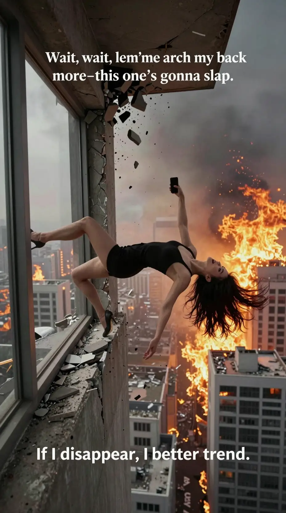 Fearless woman posing on a crumbling high rise ledge