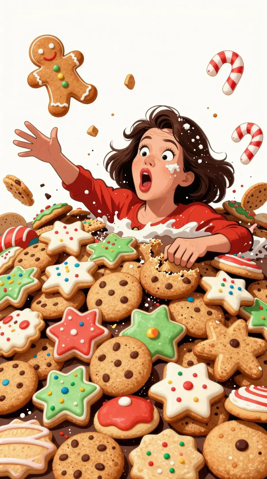 Woman drowning in a festive pile of christmas cookies