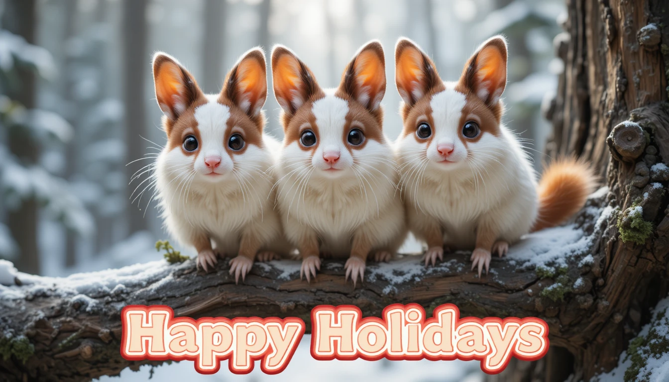 Three small furry animals on a snowy forest branch