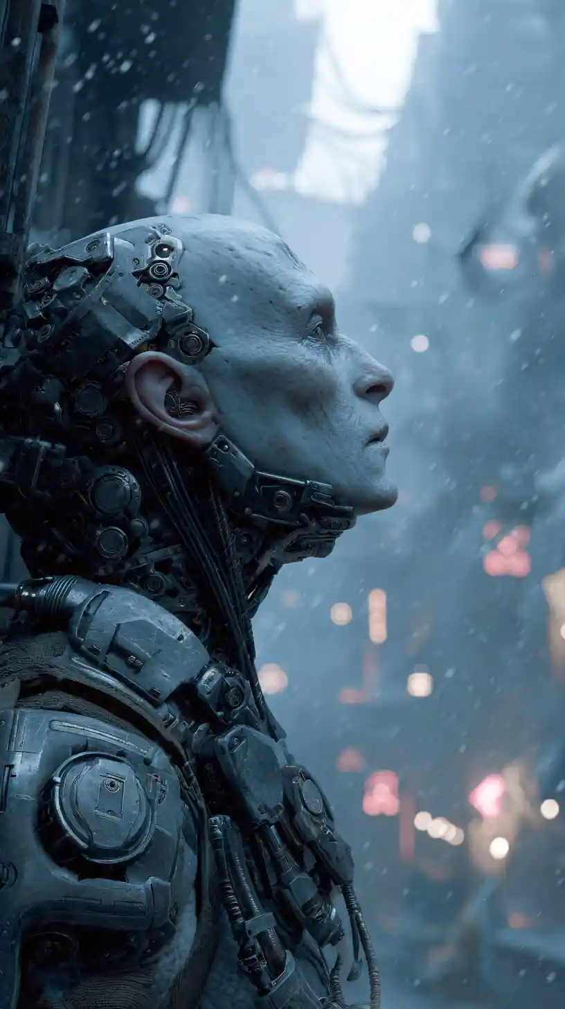 Cyborg warrior with mechanical jaw in dark cyberpunk city