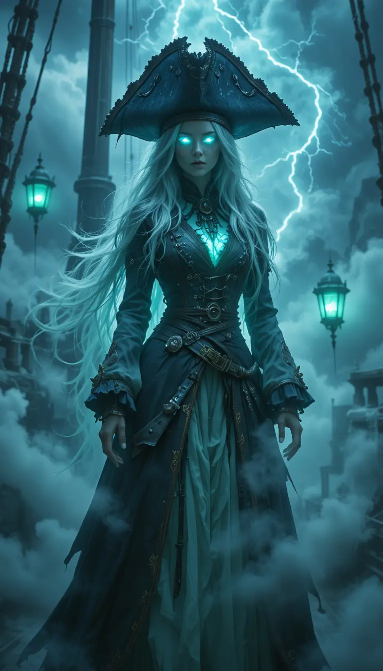 Ghostly pirate captain woman on a misty ship deck