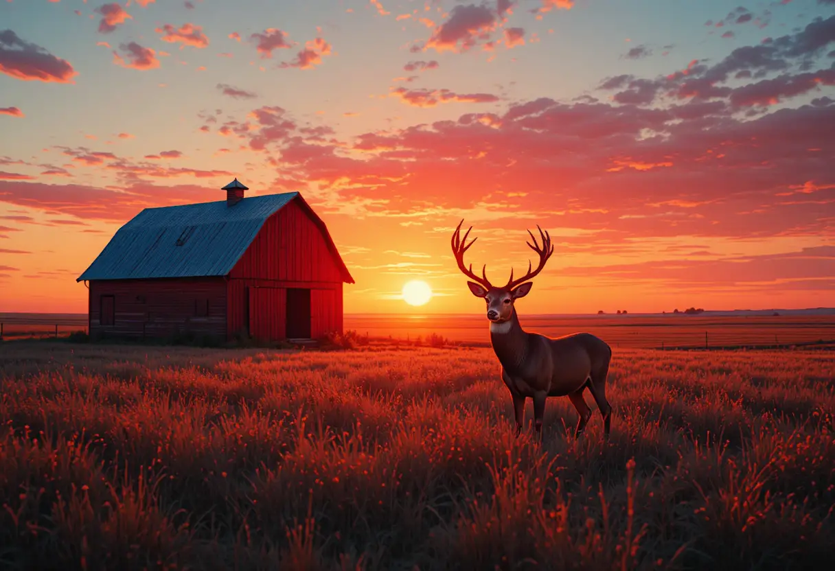 Whitetail buck before an old red barn at sunset
