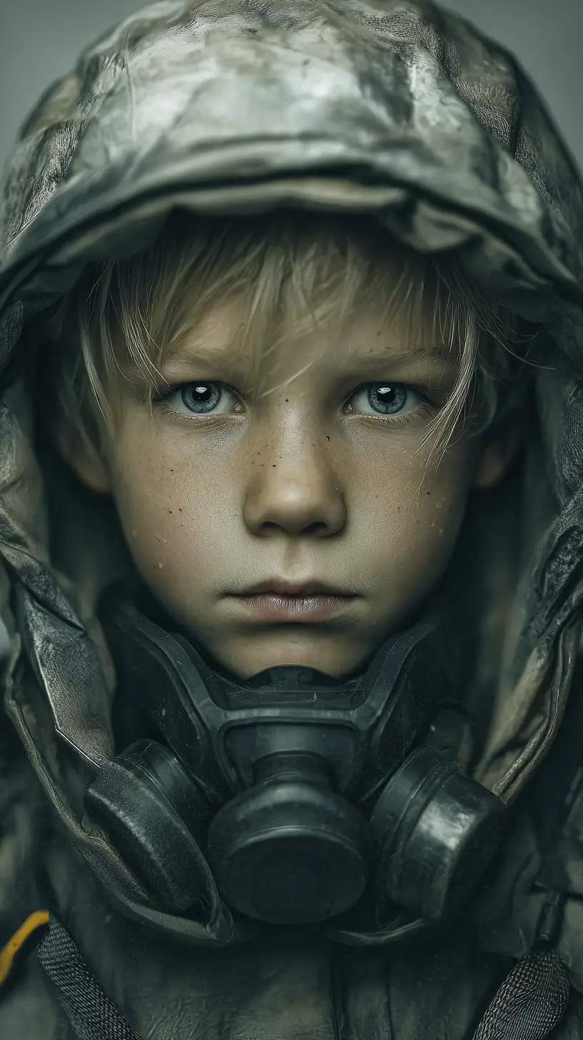 Cinematic portrait of last surviving boy in respirator