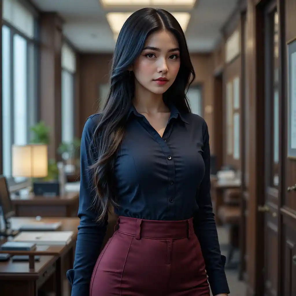 Asian American woman in office wearing blouse and skirt