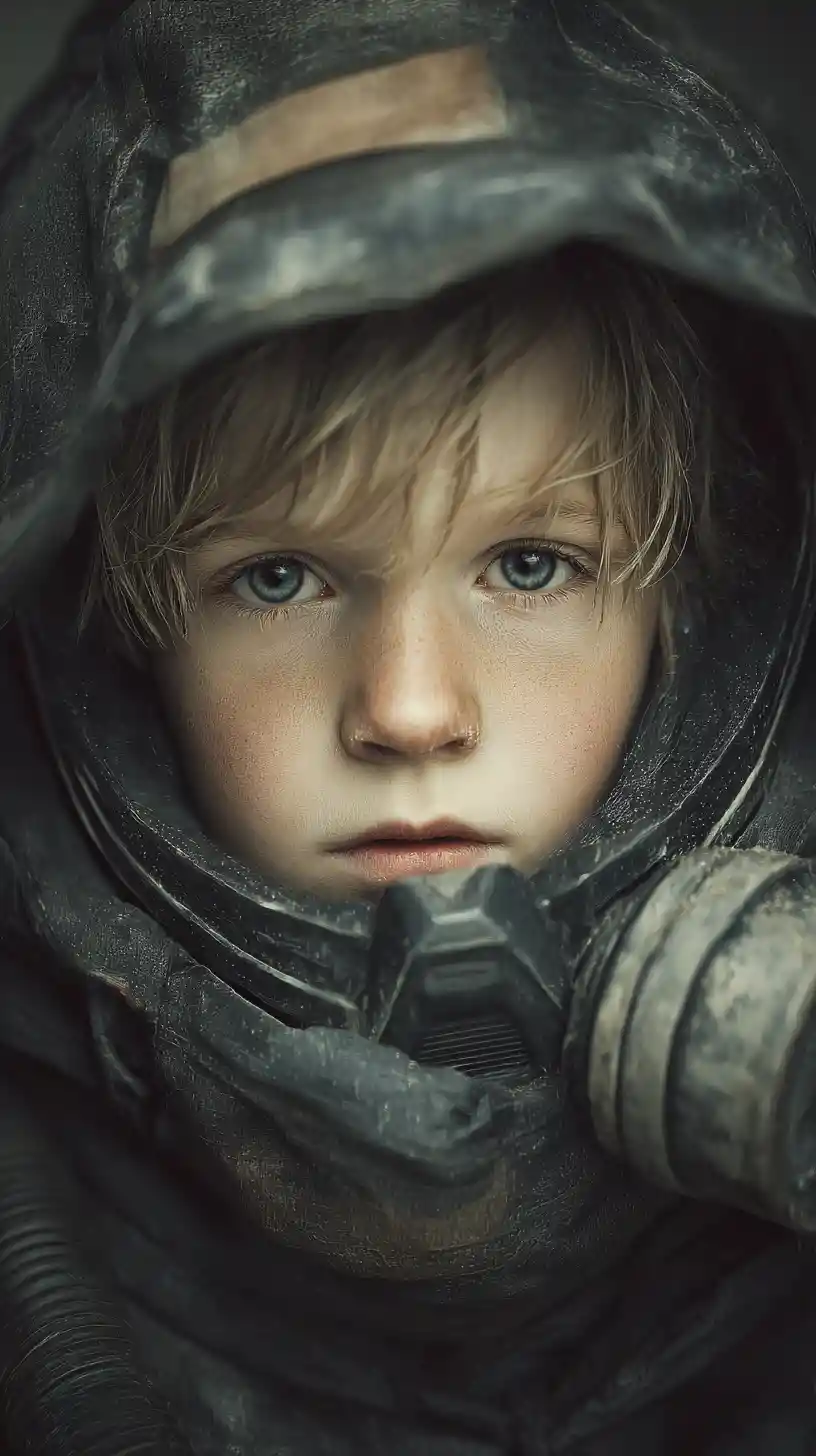 Cinematic portrait of a lone boy in survival gear