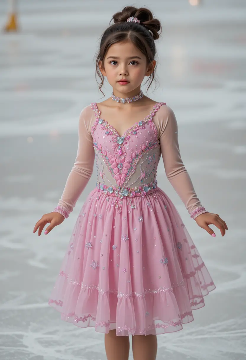 Young skater in dress gliding gracefully on ice