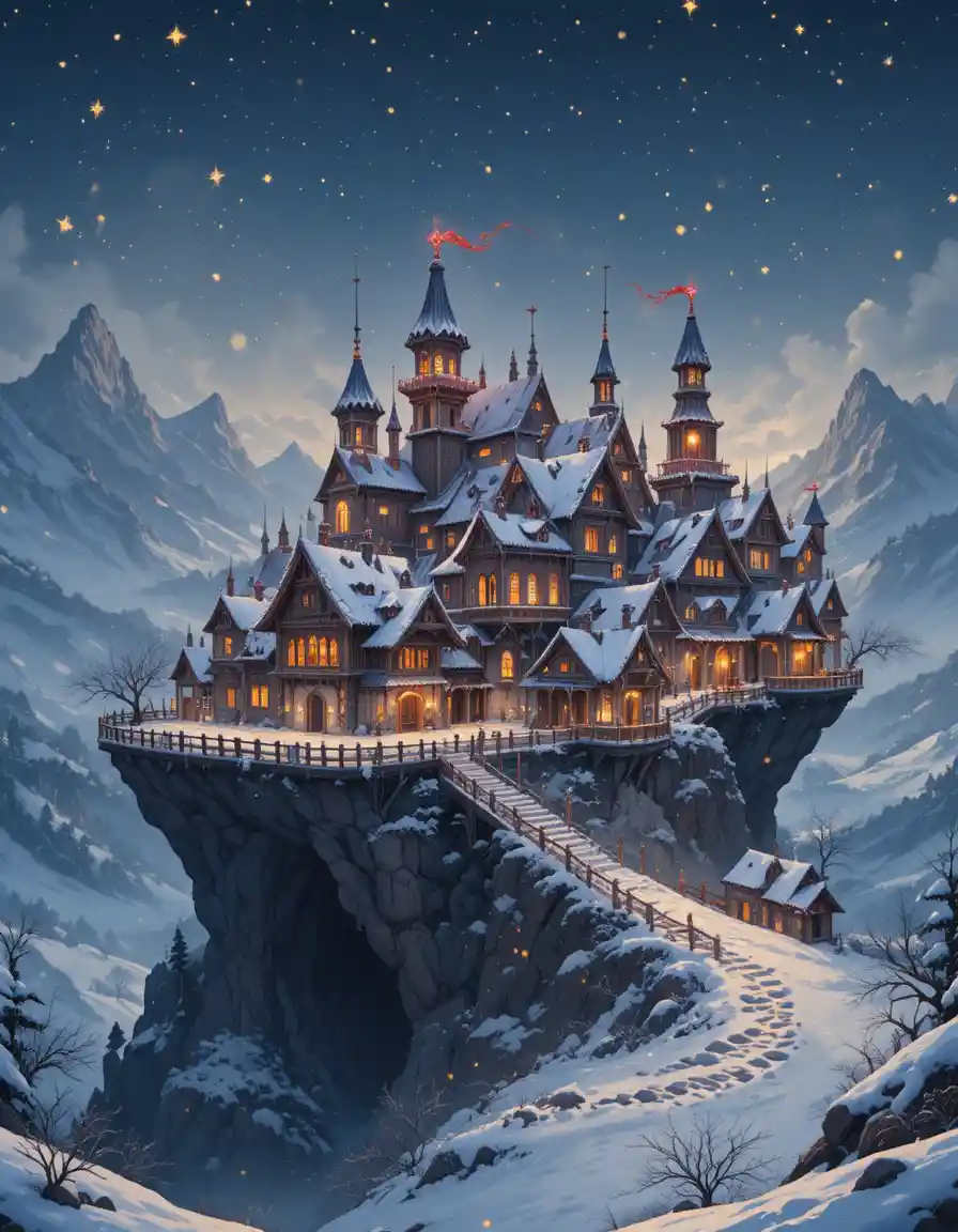Enchanted Village Floating Above A Starry Winter Snowfield