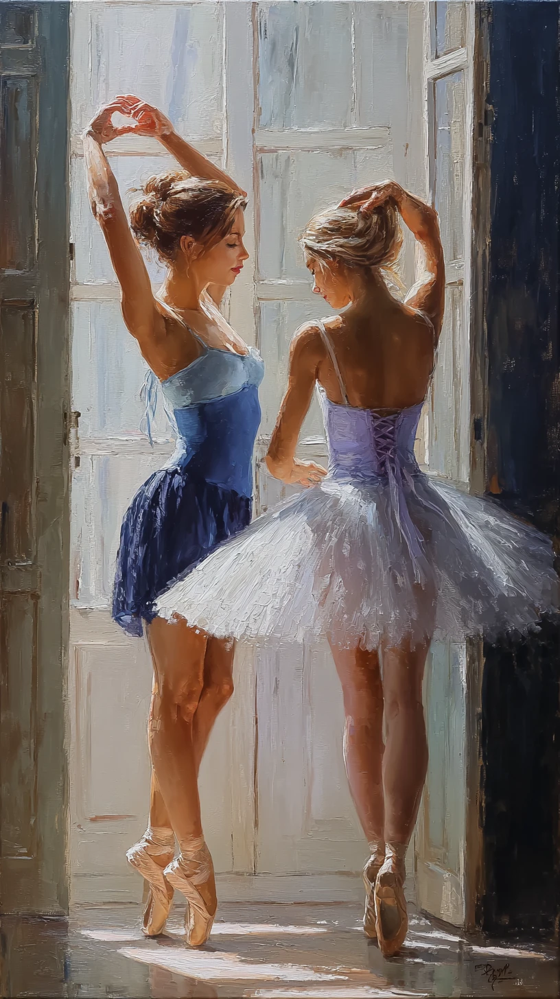 Due ballerine che si preparano accanto a una luminosa finestra di studio