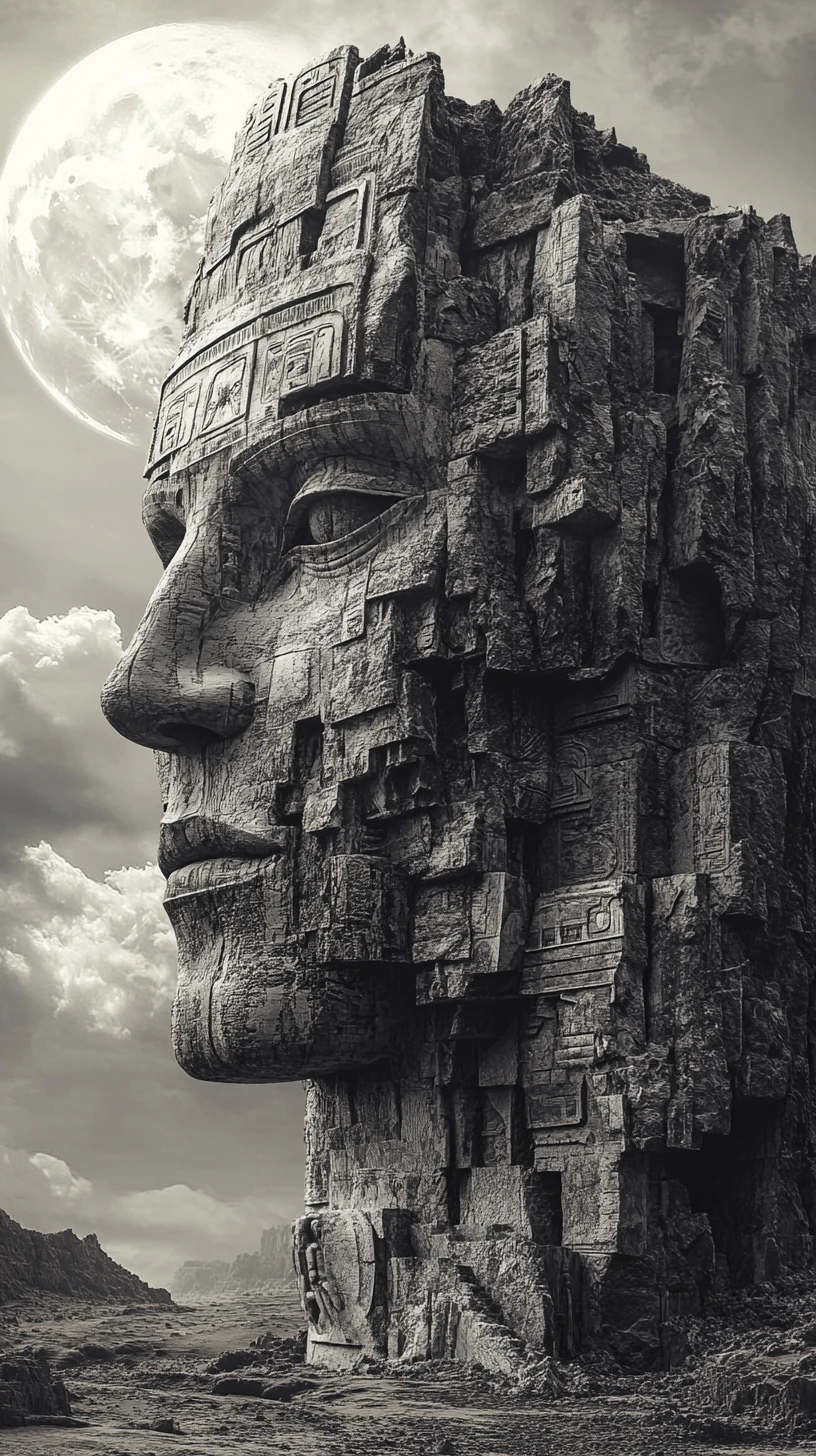 Ancient stone face rising beneath a luminous full moon