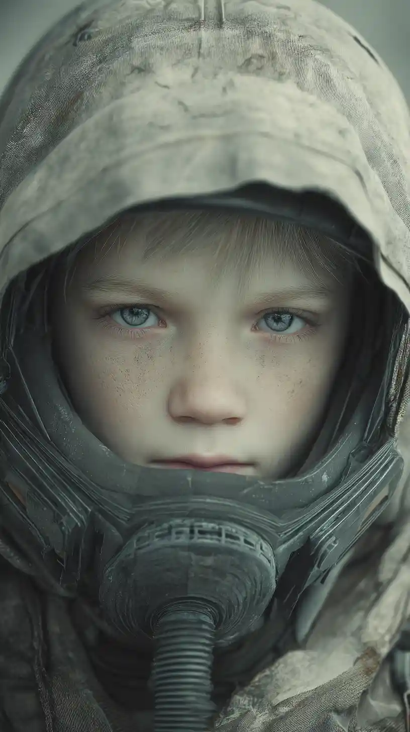 Cinematic close up portrait of a fearful boy survivor