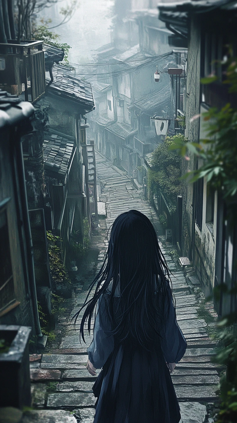 Anime-Mädchen geht eine enge historische Gasse entlang