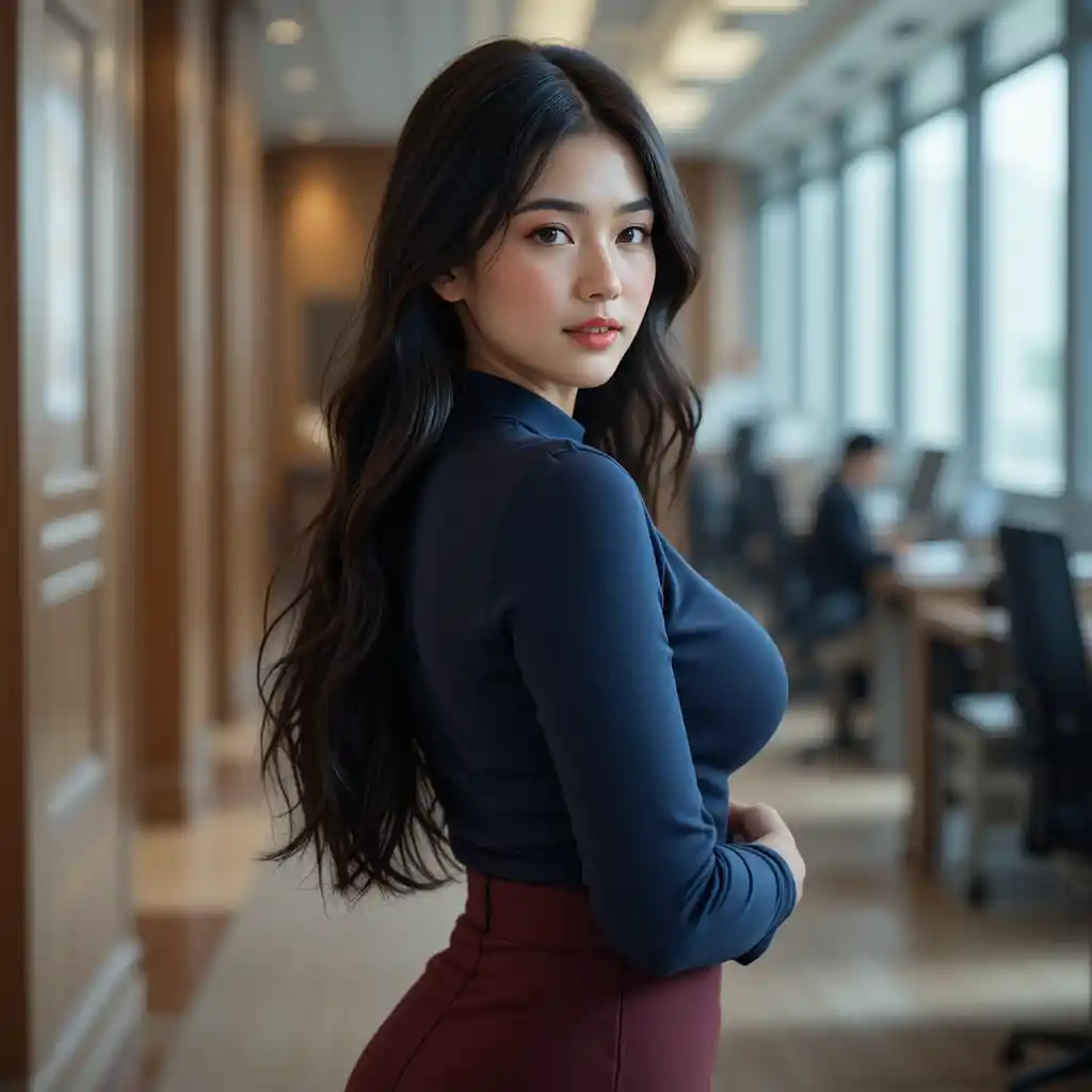 Asiatisch-amerikanische Frau im Büro mit Rock und Bluse