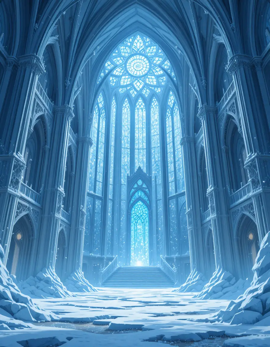 Monumental ice cathedral with glowing stained glass lights