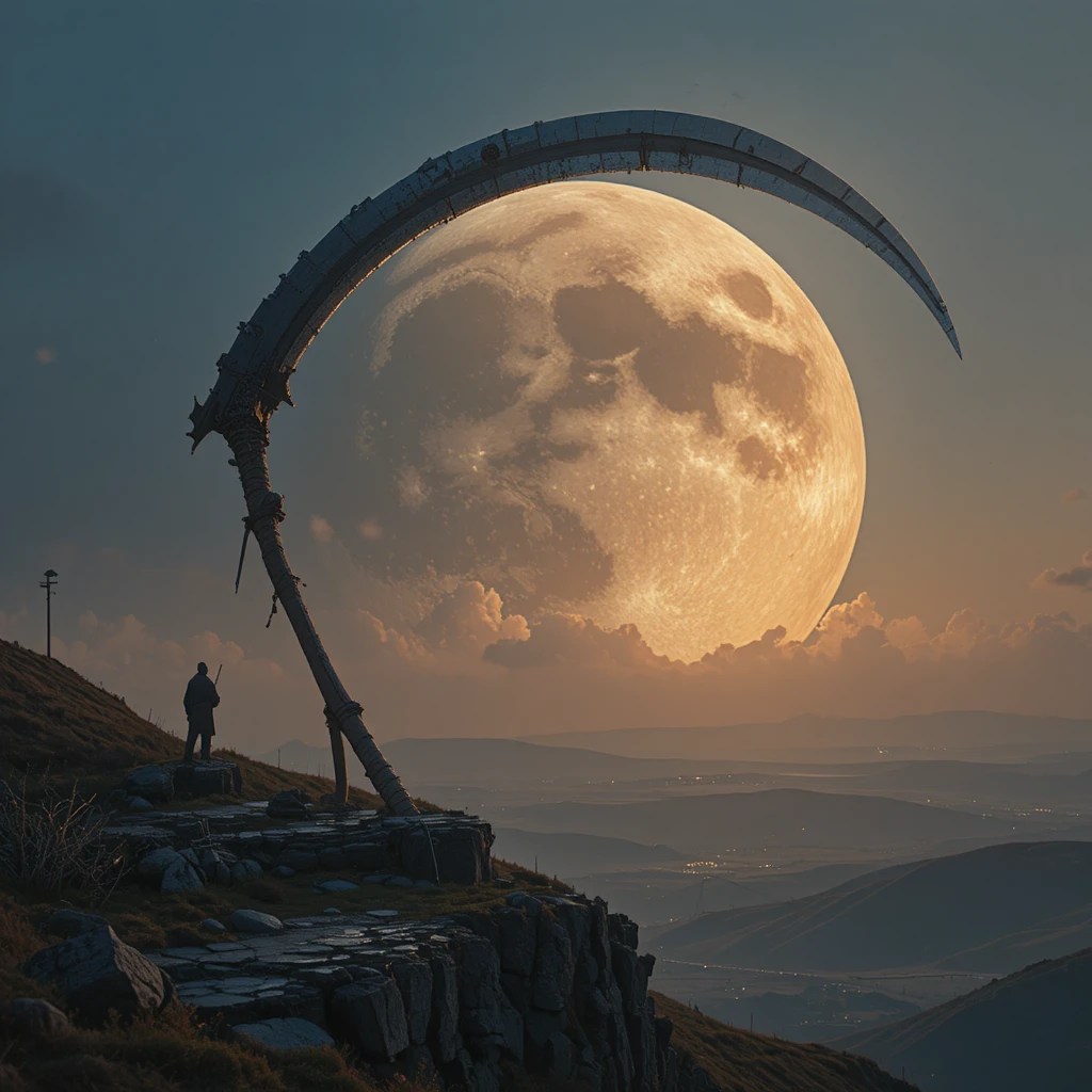 Faucille géante devant une lune montante depuis une haute falaise