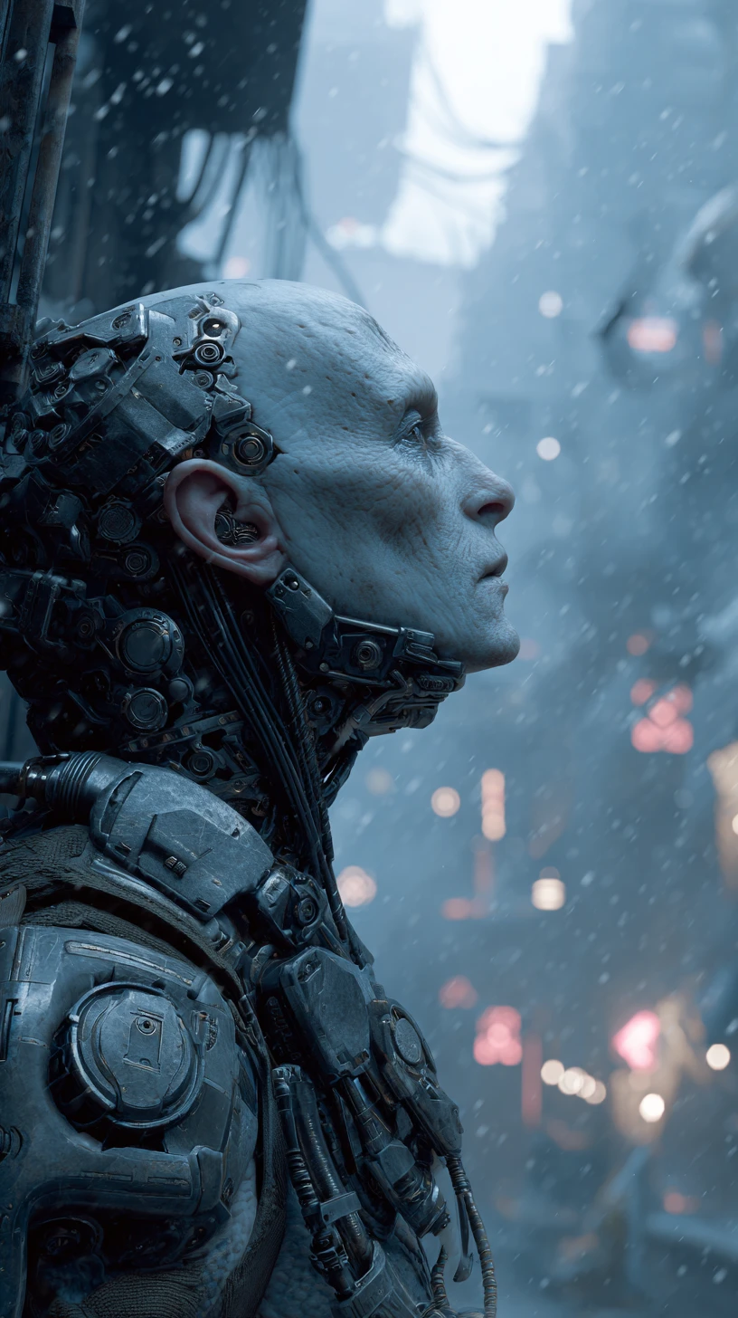 Cyborg warrior with mechanical jaw in dark cyberpunk city