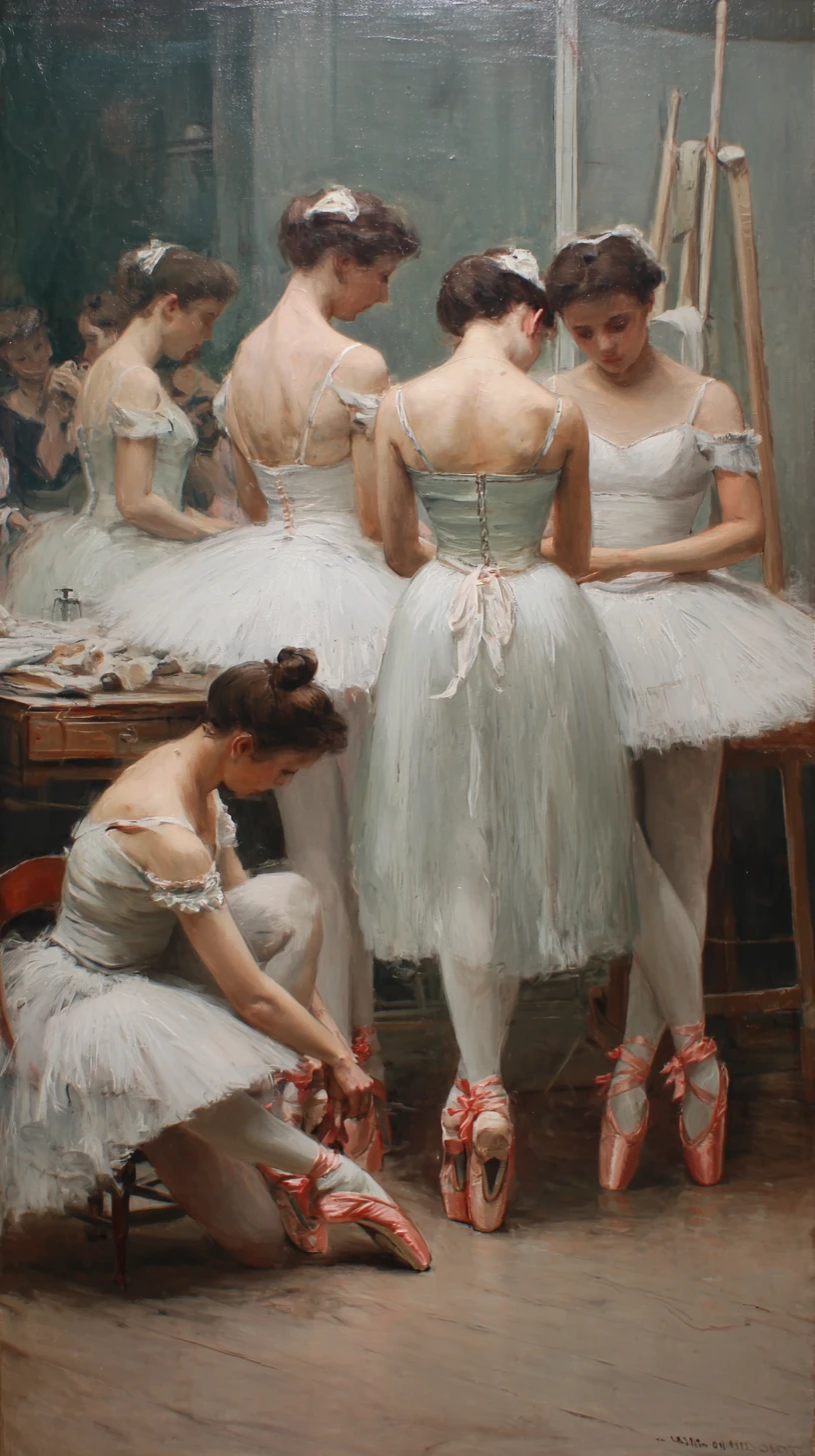 Dipinto impressionista di quattro ballerine che si preparano dietro le quinte