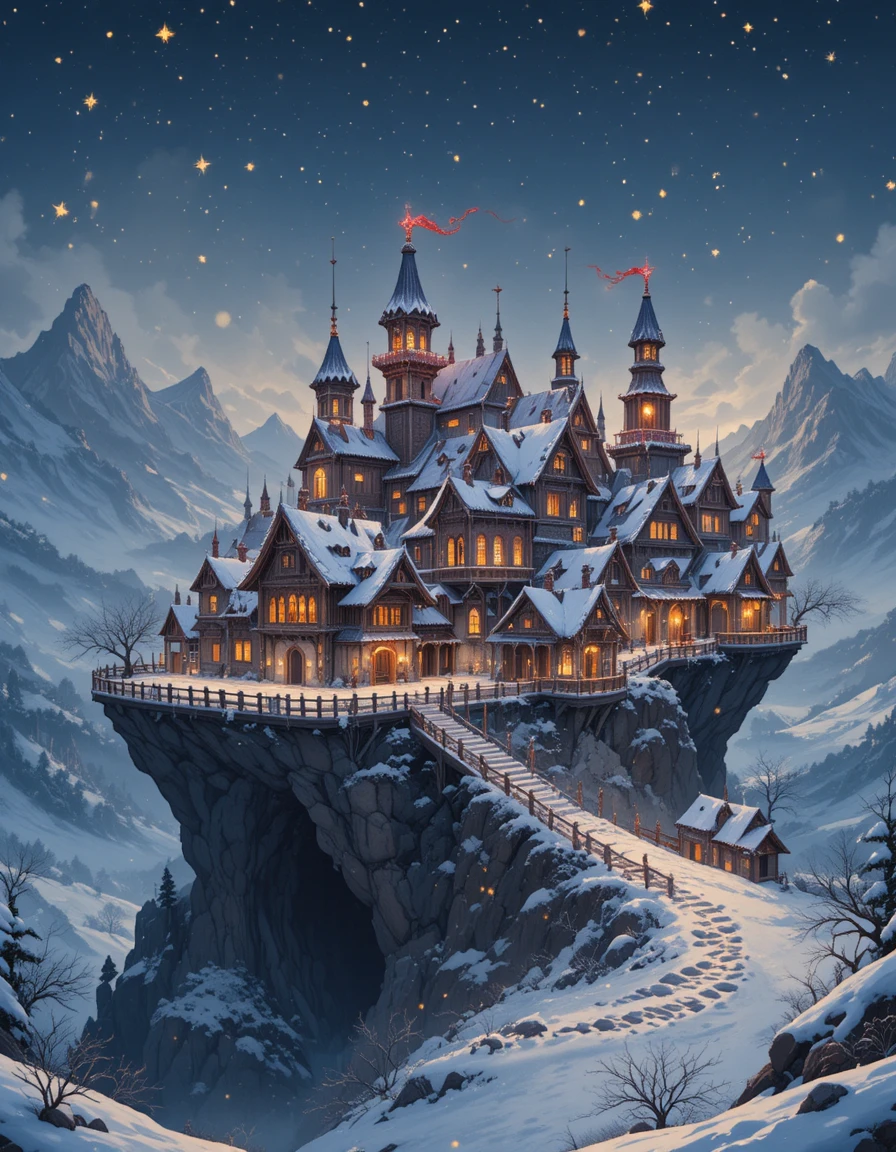 Enchanted Village Floating Above A Starry Winter Snowfield
