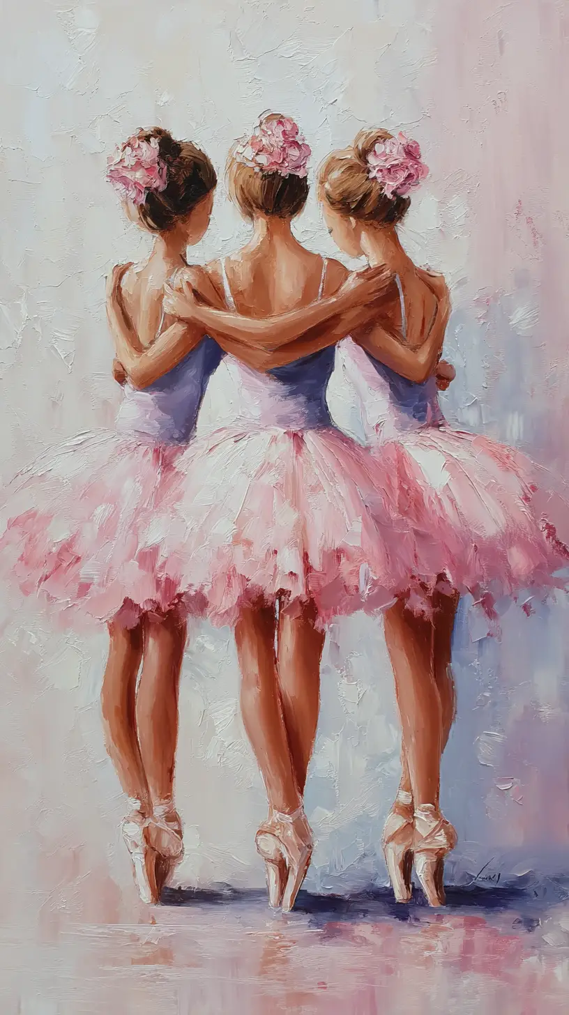 Three ballerinas in pastel tutus standing en pointe together