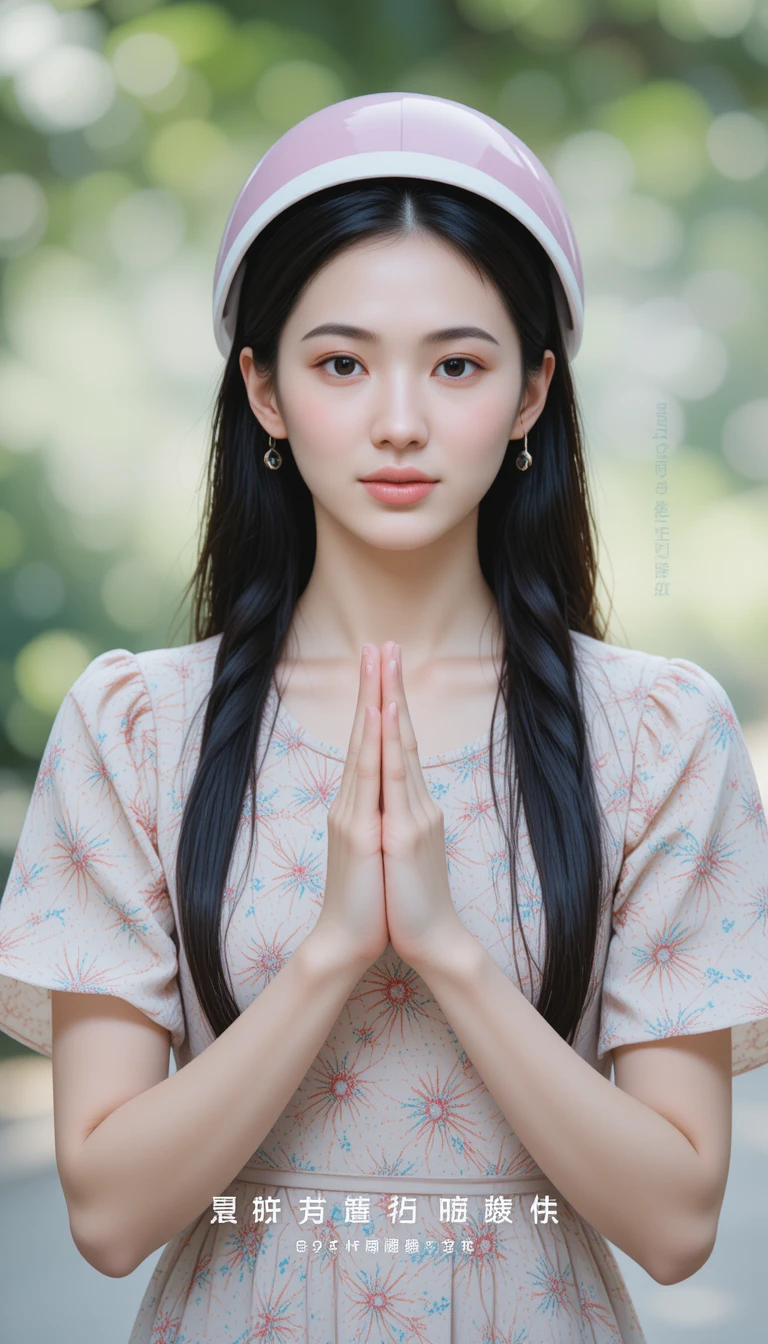 Young woman in helmet with thoughtful prayer like pose outdoors