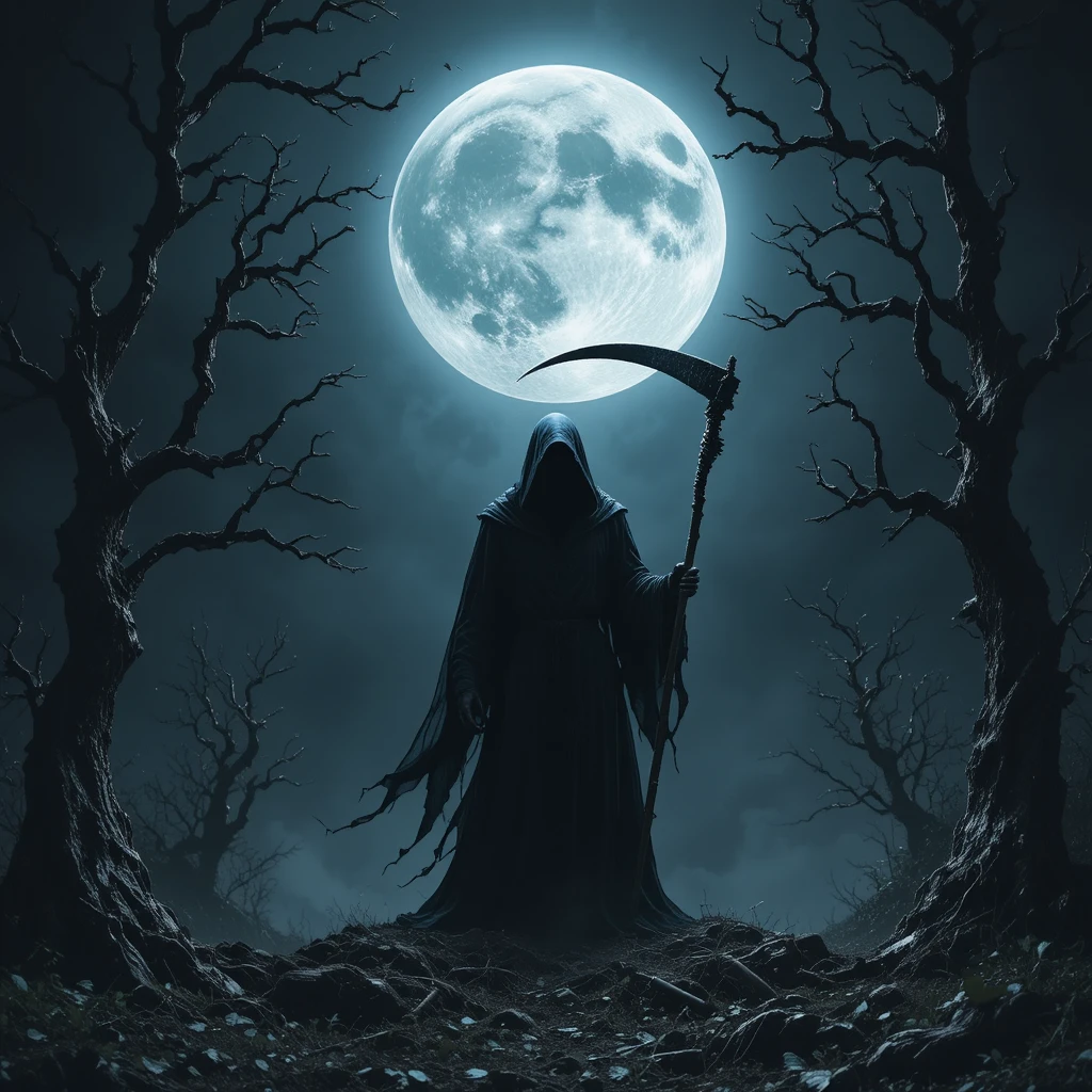 滿月下扭曲森林中的死神
