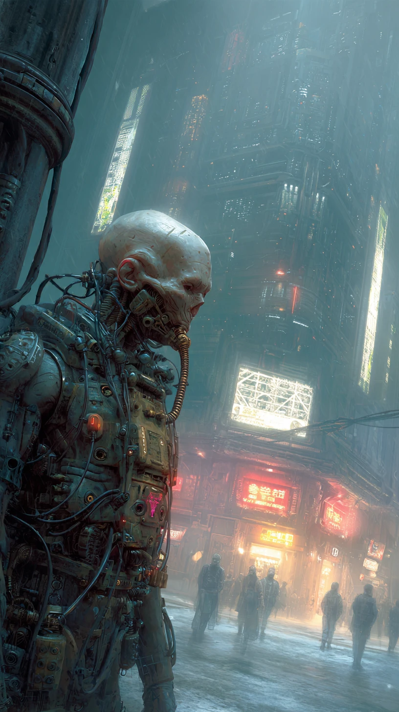 Cyberpunk cyborg portrait in a dark futuristic city