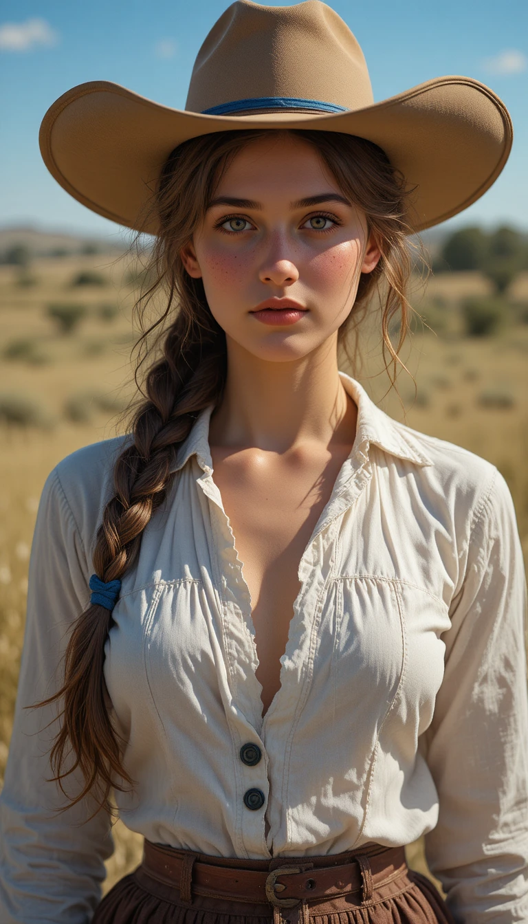 Jeune fille de ranch au Texas en 1883 avec une tresse de cheveux bruns