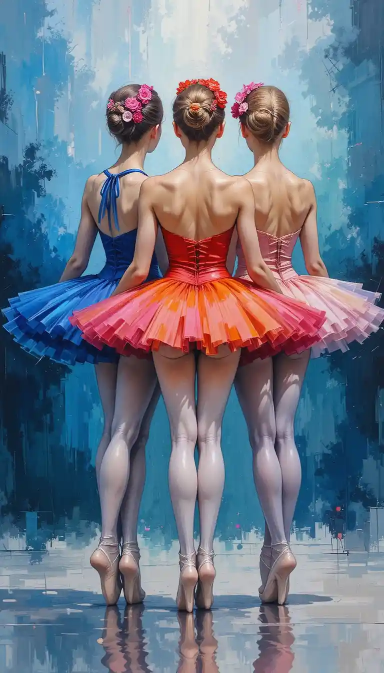 Three ballerinas in colorful tutus standing en pointe