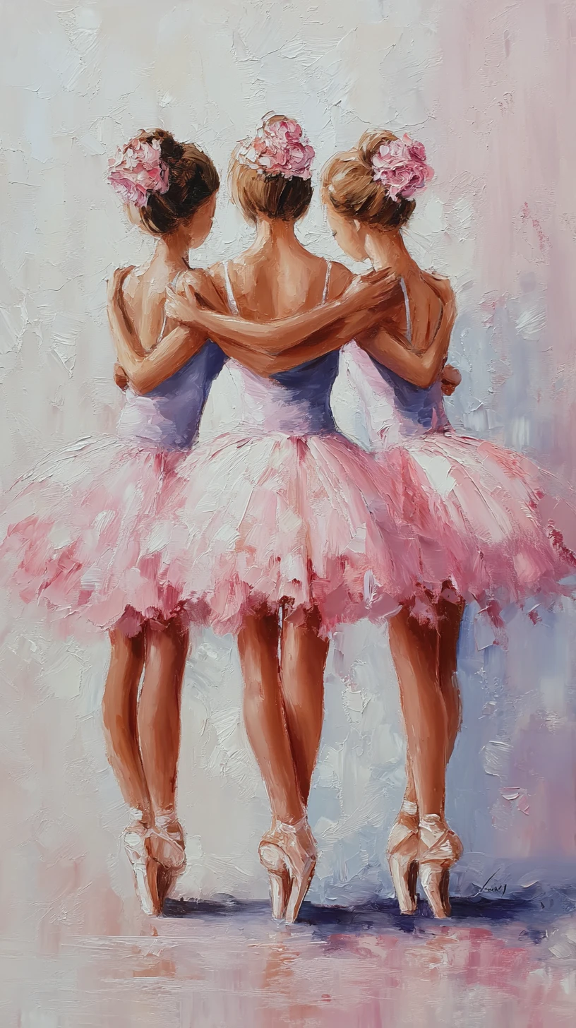 Three ballerinas in pastel tutus standing en pointe together