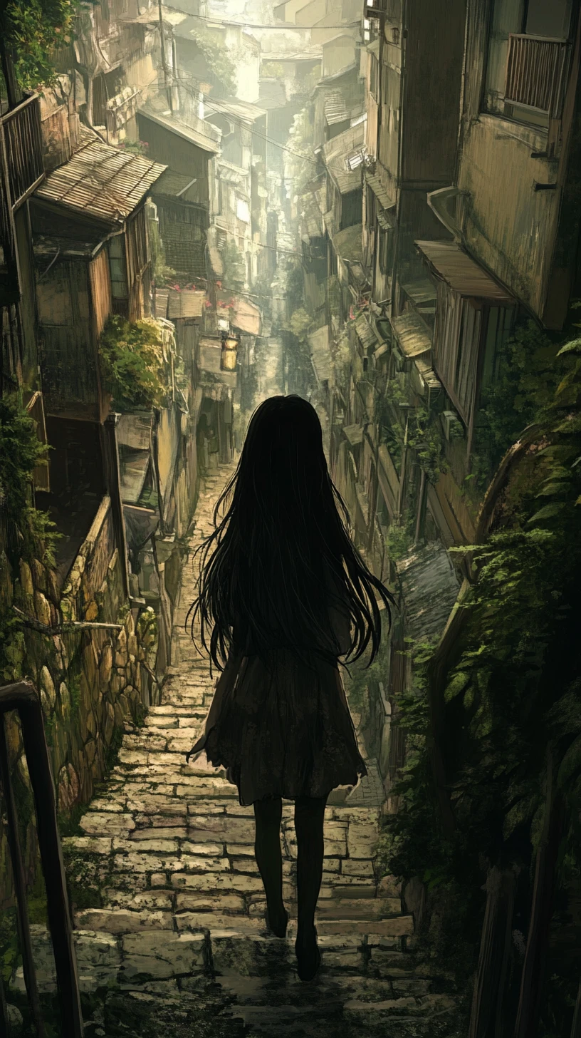 Anime-Mädchen geht eine enge Kopfsteinpflastergasse entlang